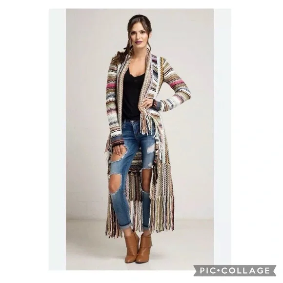 Boston Proper Fringed Ivory Multicolored Striped Open Duster Cardigan Size Small - Picture 15 of 15